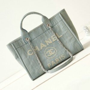 Replica Chanel Deauville Washed Canvas Bag - Blue Tote with Embroidered Logo