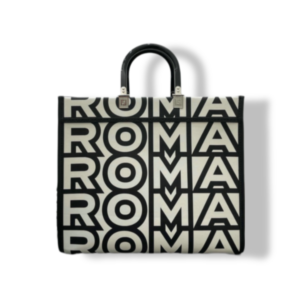 Discover the Black and White Sunshine Tote Bag Mirror 1:1 Replica. A stylish leather handbag with resin handles and bold Fendi Roma lettering, perfect for modern elegance and practicality.