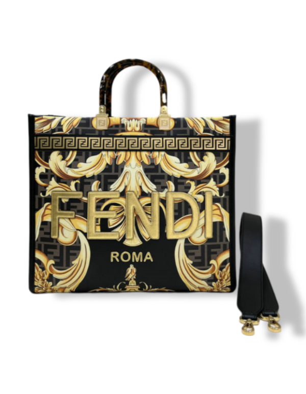 Discover the Fendi X Versace Fendace FF Baroque Print Medium Sunshine Shopper Tote Mirror 1:1 Replica. Crafted with premium calfskin leather, tortoiseshell handles, and gold-tone hardware, this luxury handbag exudes elegance and functionality.