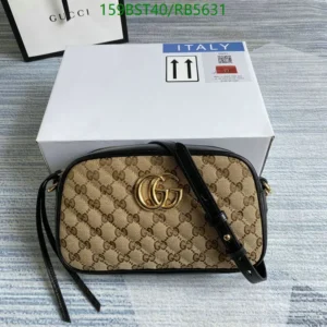 Mirror (1:1) Gucci Monogram Matelasse Diagonal Small GG Marmont Chain Shoulder Bag – Beige & Black