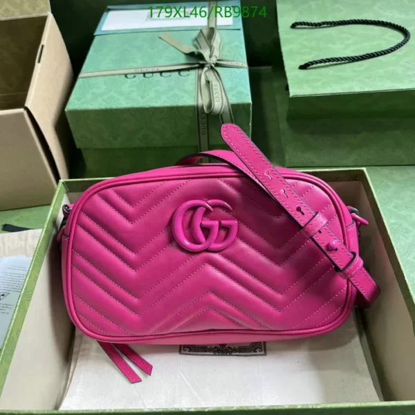 Mirror (1:1) Gucci Cowhide Matelassé Monochrome Small GG Marmont Chain Shoulder Bag – Classic Fuxia