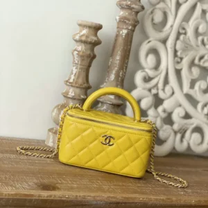 Chanel Leather Yellow Quilted Vanity Case With Gold Chain (Mirror 1:1)