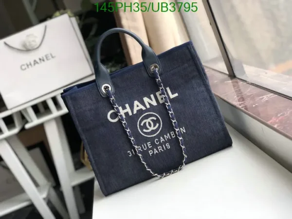 Chanel Large Deauville Tote Shopping Bag Mirror (1:1) in Blue Canvas with Silver Hardware