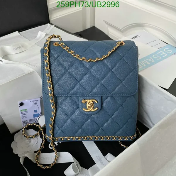 Chanel Cowhide Quilted Camellia Chain Backpack Bag Blue Mirror (1:1)