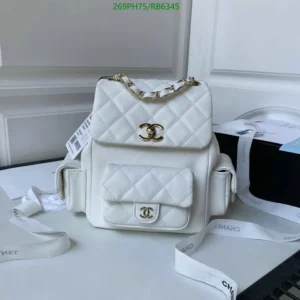 Chanel Shiny Lambskin Quilted Small Pockets Drawstring Backpack White Mirror (1:1)