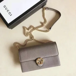 Gucci Dollar Leather Interlocking G Chain Wallet Gray (Mirror 1:1) – Luxury Compact Wallet