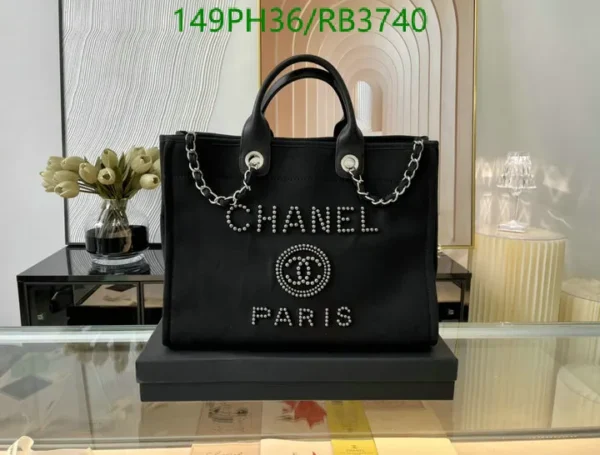 Chanel Large Deauville Tote Shopping Bag Mirror (1:1) in Black Canvas and Calfskin