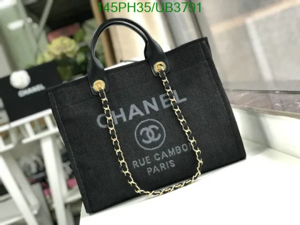 Chanel Large Deauville Tote Shopping Bag Mirror (1:1) in Black Canvas with Gold Hardware