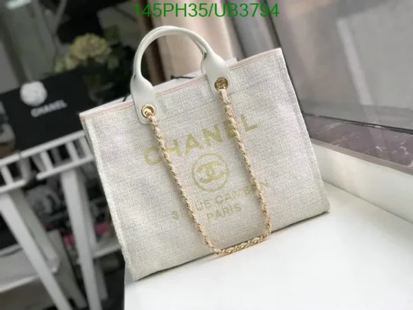 Chanel Large Deauville Tote Shopping Bag Mirror (1:1) in White Canvas with Gold Hardware