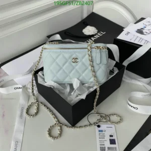 Chanel Leather Light Blue Quilted Vanity Case With Gold Chain (Mirror 1:1)