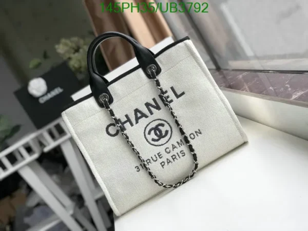 Chanel Large Deauville Tote Shopping Bag Mirror (1:1) in White Canvas with Silver Hardware