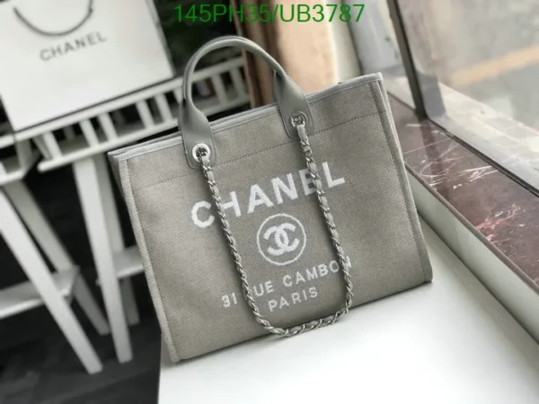 Chanel Large Deauville Tote Shopping Bag Mirror (1:1) in Gray Canvas with Silver Hardware