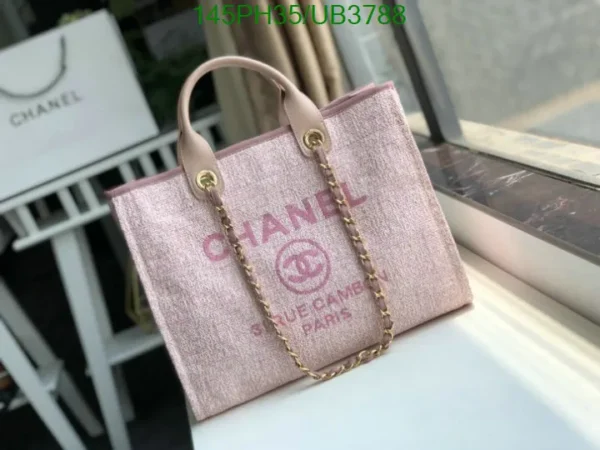 Chanel Large Deauville Tote Shopping Bag Mirror (1:1) in Pink and White Canvas