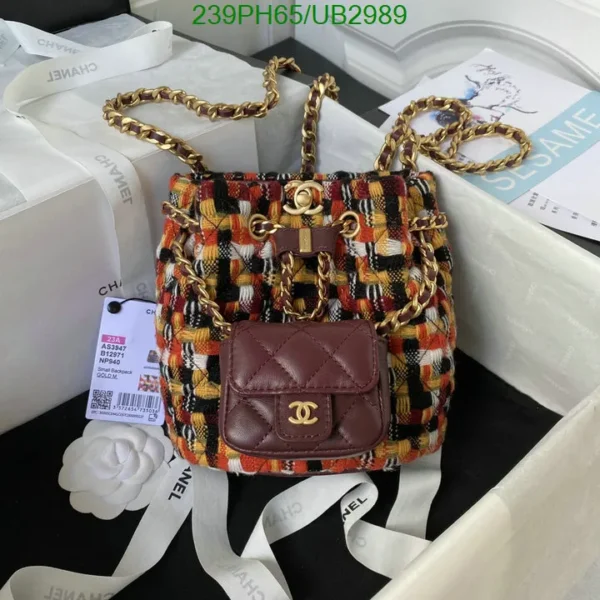 Chanel Duffle + Genuine Leather Quilted Small CC Chain Bucket Backpack Dark Red Multicolor Mirror (1:1)