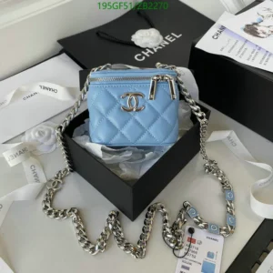 Chanel Leather Light Blue Quilted Vanity Mini with Silver Chain (Mirror 1:1) | Iconic Luxury Bag