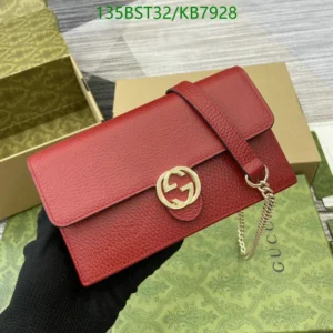 Gucci Dollar Genuine Leather Interlocking G Chain Wallet Red Mirror (1:1)