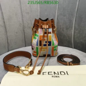 Fendi Canvas Vitello FF Embroidered Mini Mon Tresor Bucket Bag Multicolor Cuoio Mirror (1:1)