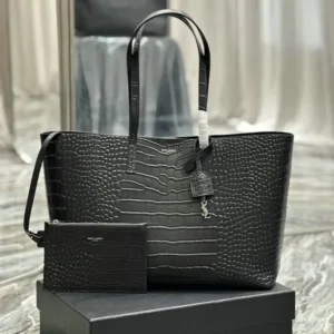 Saint Laurent Crocodile-Embossed Leather Tote Bag Mirror (1:1) – Luxury Black Cowhide Shopper