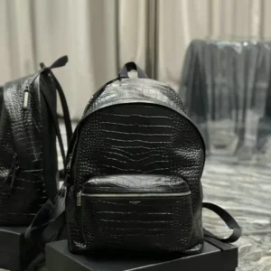 Saint Laurent City Crocodile-Effect Backpack Mirror (1:1) – Luxury Black Leather Bag