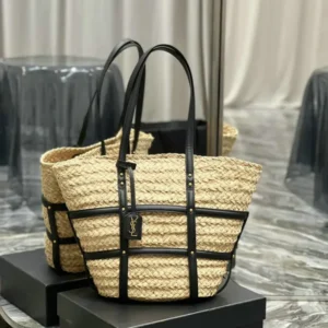 Saint Laurent Handbags Black Beige Mirror (1:1) – Luxury Raffia & Leather Tote