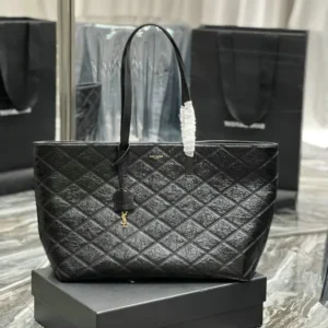 Saint Laurent Crinkled Quilted East West Shopping Tote Black Mirror (1:1) – Luxury Designer Tote Bag