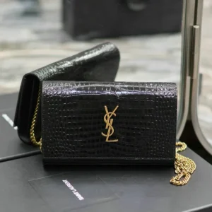 Saint Laurent Cassandre Crocodile-Embossed Chain Wallet Mirror (1:1) – Luxury Black Leather Purse