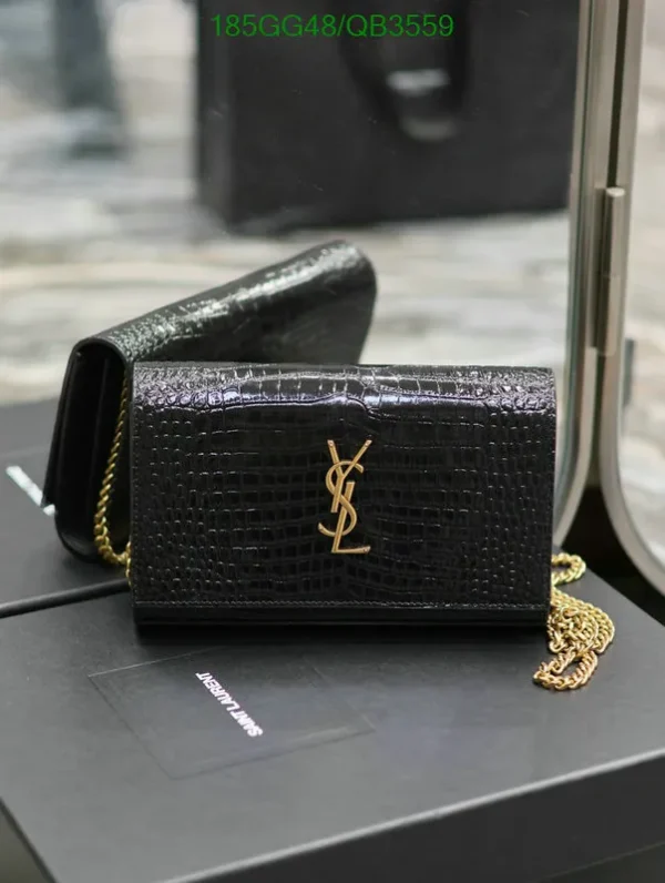 Saint Laurent Cassandre Crocodile-Embossed Chain Wallet Mirror (1:1) – Luxury Black Leather Purse