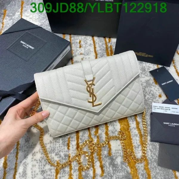 Saint Laurent Classic Cassandre Chain Wallet in Grain de Poudre Leather Mirror (1:1) – White Chevron Quilted Designer Bag