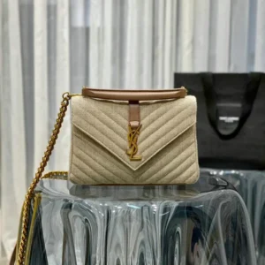 Saint Laurent College Medium in Quilted Leather Mirror (1:1) – Elegant Beige Chevron Satchel