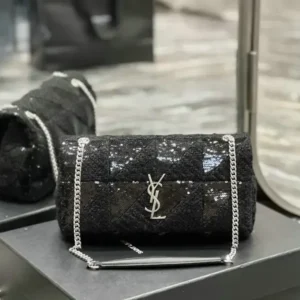 Saint Laurent Knitted Cotton & Linen + Cowhide Patchwork Monogram Jamie Mirror (1:1) – Luxury Black Designer Bag