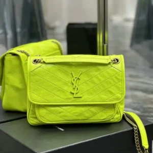 Saint Laurent Crinkled Cowhide Matelasse Monogram Medium Niki Chain Satchel Mirror (1:1) – Neon Yellow