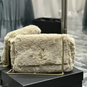 Saint Laurent Genuine Leather + Rabbit Fur Monogram Kate Satchel Mirror (1:1) – Grey Fur Shoulder Bag